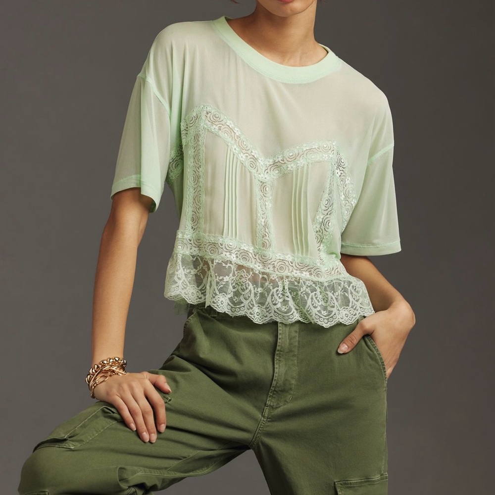 Dolan Mint Green Short Sleeve Sheer Lace Top, sz M